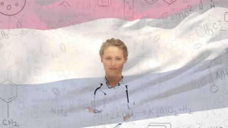Animation-of-flag-of-netherlands-blowing-over-scientific-equations-and-female-doctor