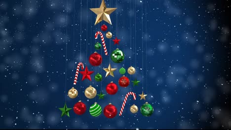 Animation-of-snow-falling-over-christmas-tree-with-decorations