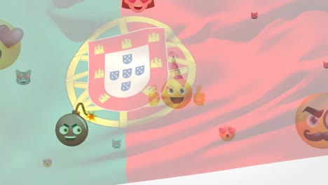Animación-De-La-Bandera-De-Portugal-Ondeando-Sobre-Varios-Emojis-Flotantes.
