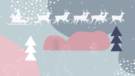 Animation-of-santa-claus-in-sleigh-with-reindeer-over-winter-scenery
