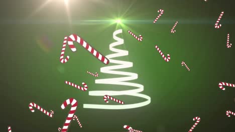 Animation-of-christmas-tree-formed-with-white-ribbon-and-candy-canes-falling