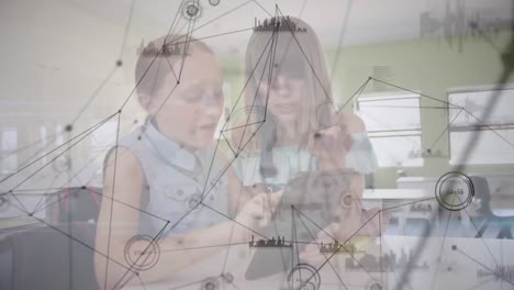 Animation-Von-Verbindungsnetzwerken-über-Schulmädchen,-Die-Tablets-Nutzen