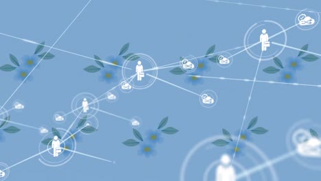 Animation-Des-Netzwerks-Von-Verbindungen-über-Blumenmuster-Auf-Blauem-Hintergrund