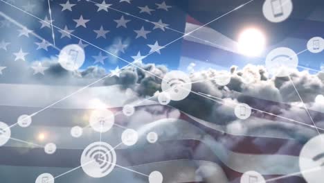 Netzwerk-Digitaler-Symbole-über-Schwenkender-US-Flagge-Gegen-Wolken-Am-Himmel