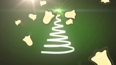 Animation-of-christmas-tree-formed-with-white-ribbon-and-bells-falling