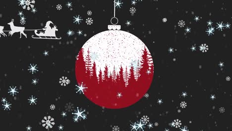 Animation-Des-Weihnachtsmanns-Im-Schlitten-Mit-Rentieren-über-Fallendem-Schnee-Und-Weihnachtskugel