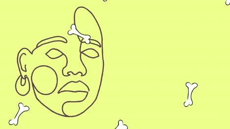 Animation-Einer-Schwarzen-Linienzeichnung-Eines-Gesichts-Mit-Fallenden-Knochen-Auf-Gelbem-Hintergrund