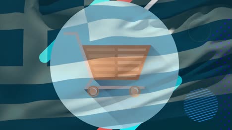 Animation-of-abstract-shapes-and-shopping-cart-icon-over-waving-flag-of-greece