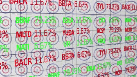Stock-market-data-processing-against-multiple-stars-on-spinning-circles-on-white-background