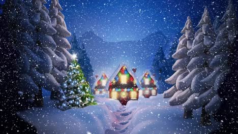 Animation-of-christmas-tree,-decorated-houses-and-snow-falling-in-winter-scenery
