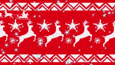 Animation-of-santa-claus-in-sleigh-with-reindeer-over-snow-falling-and-christmas-reindeer-pattern