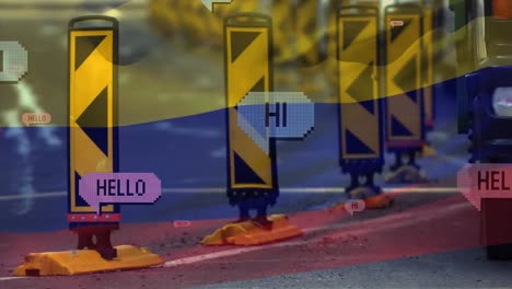 Animation-of-flag-of-colombia-blowing-over-road-signs-and-web-chat-in-speech-bubbles