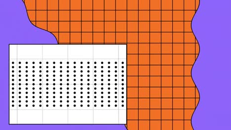 Animation-of-black-grids-and-dots-with-purple-shape-on-orange-and-white-backgrounds