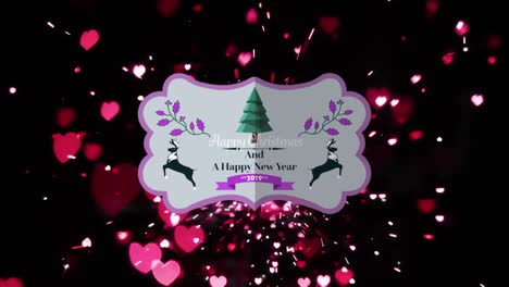 Animation-of-happy-christmas-text-over-glowing-pink-hearts