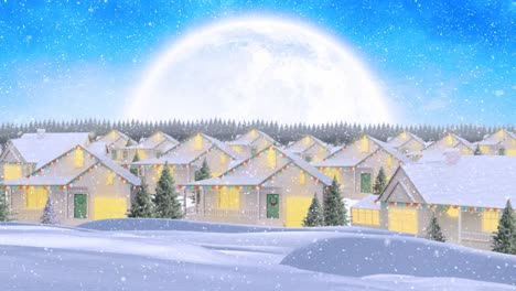 Animation-of-christmas-decorated-houses,-snow-falling-and-moon