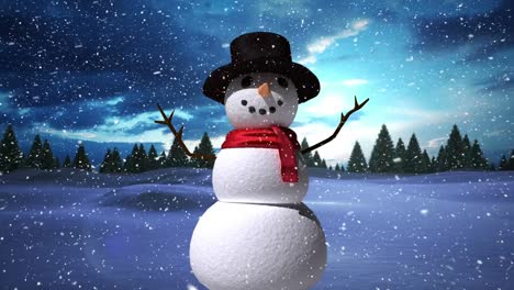 Snow-falling-over-snowman-on-winter-landscape-against-clouds-in-the-sky