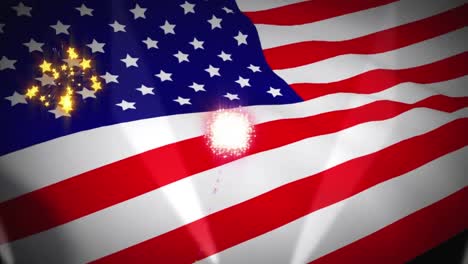 Digital-animation-of-fireworks-exploding-over-waving-american-flag-against-black-background