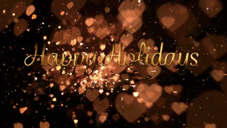 Animation-of-happy-holidays-text-over-glowing-gold-hearts