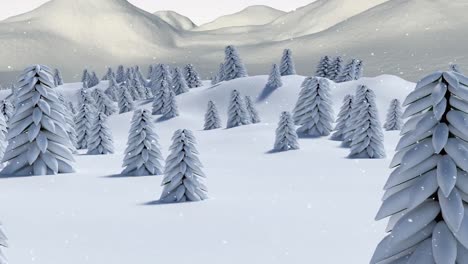Snow-falling-over-multiple-trees-on-winter-landscape-against-white-background