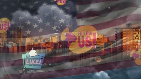 Multiple-social-media-icons-floating-over-waving-american-flag-against-cityscape