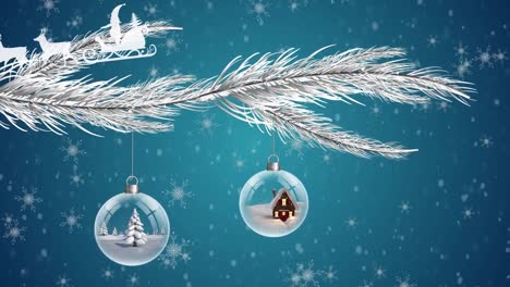 Animation-of-santa-claus-in-sleigh-with-reindeer-over-snow-falling-and-christmas-baubles