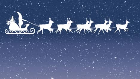 Snow-falling-over-santa-claus-in-sleigh-being-pulled-by-reindeers-against-blue-background