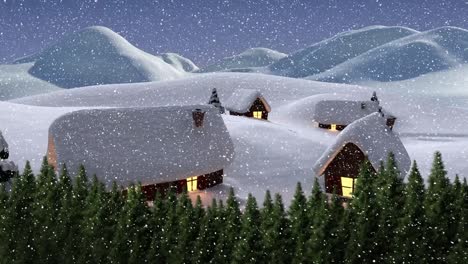 Animation-of-snow-covered-houses-and-snow-falling-in-winter-scenery