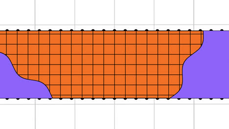 Animation-Aus-Schwarzem-Gitter,-Punkten-Und-Violetten-Formen-Auf-Orangefarbenem-Und-Weißem-Hintergrund