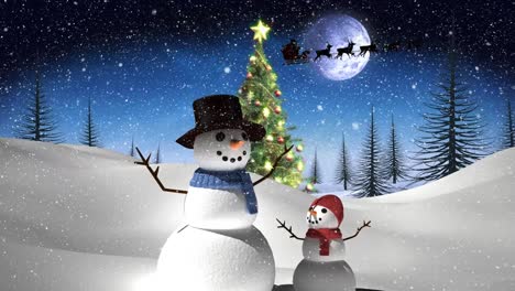 Snow-falling-over-snowman-and-snow-kid-on-winter-landscape-against-moon-in-the-night-sky