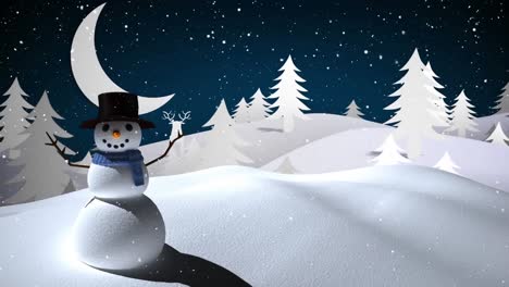 Snow-falling-over-snowman-on-winter-landscape-against-moon-in-the-night-sky
