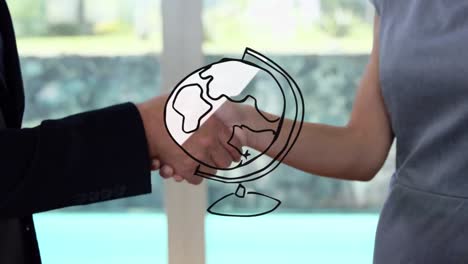 Animation-of-globe-over-businesswoman-handshake