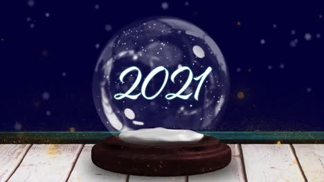 Animation-of-2021-in-snow-globe-on-wooden-boards,-shooting-star-and-snow-falling