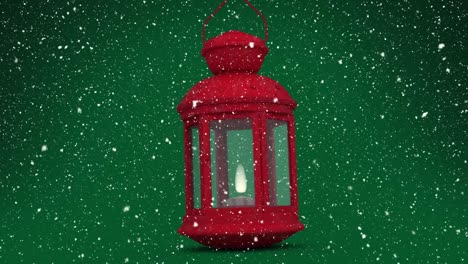 Animation-of-snow-falling-over-red-lantern-on-green-background