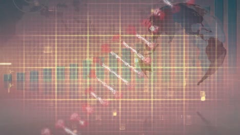Animation-Eines-DNA-Strangs,-Der-Sich-über-Herzfrequenzmesser,-Globus,-Diagramm-Und-Datenverarbeitung-Dreht