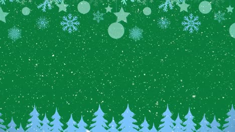 Animation-of-snow-falling-over-blue-christmas-trees-on-green-background