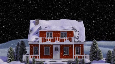 Animation-of-snow-falling-over-house-covered-in-snow-and-winter-landscape-background