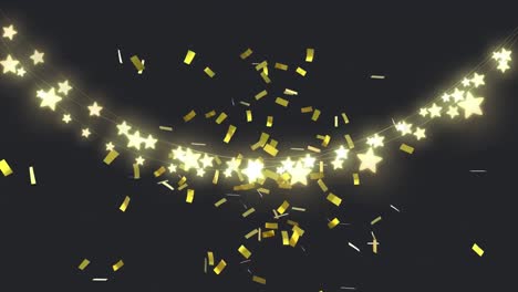 Animation-of-christmas-fairy-lights-and-confetti-falling-on-black-background
