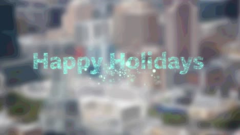 Animation-of-christmas-greetings-and-fireworks-over-out-of-focus-cityscape-in-background