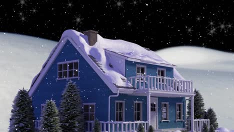 Animation-Von-Schnee,-Der-über-Ein-Mit-Schnee-Bedecktes-Haus-Fällt,-Und-Winterlandschaftshintergrund