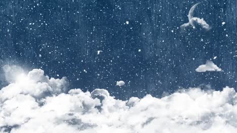 Digital-animation-of-snow-falling-over-clouds-in-blue-sky