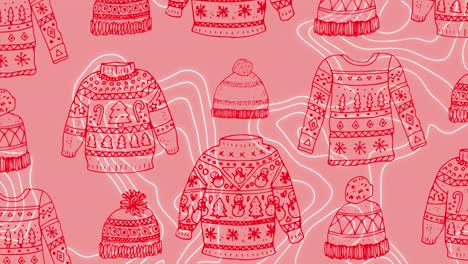 Animation-of-christmas-jumper-pattern-over-moving-lines-on-pink-background