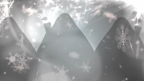 Animation-Von-Weihnachtsschnee,-Der-über-Weihnachtsdekorationen-Auf-Grauem-Hintergrund-Fällt