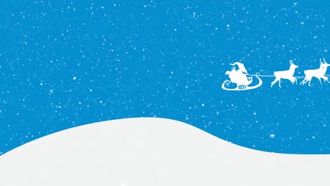 Animación-De-Santa-Claus-En-Trineo-Con-Renos-Moviéndose-Sobre-La-Nieve-Cayendo-Sobre-Fondo-Azul