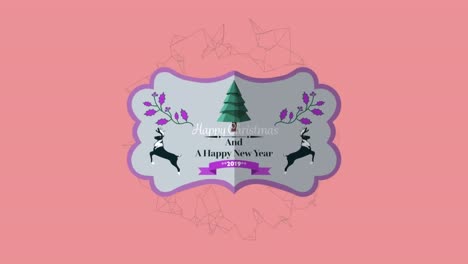 Animation-of-happy-christmas-text-over-network-of-connection-on-pink-background