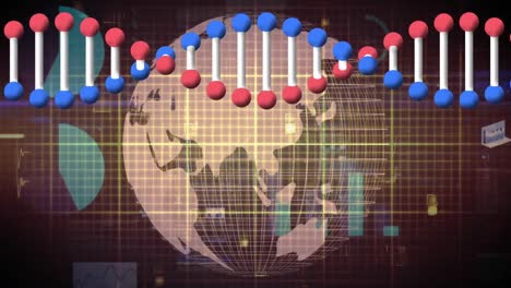 Animation-Eines-DNA-Strangs,-Der-Sich-über-Herzfrequenzmesser,-Globus,-Diagrammen-Und-Datenverarbeitung-Dreht
