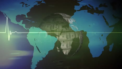 Animación-Del-Globo-Del-Dólar-Girando-Sobre-El-Monitor-De-Frecuencia-Cardíaca-Y-El-Mapa-Mundial,-Sobre-Fondo-Oscuro