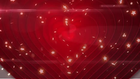 Digitale-Animation-Leuchtender-Sternsymbole,-Die-Vor-Roten-Konzentrischen-Kreisen-Auf-Grauem-Hintergrund-Schweben
