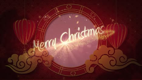 Digital-animation-of-merry-christmas-text-and-shining-stars-moving-against-lanterns