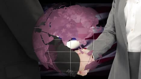 Animation-Des-Globus-über-Dem-Händedruck-Einer-Geschäftsfrau