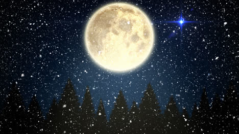 Snow-falling-over-trees-on-winter-landscape-against-moon-and-shining-star-in-night-sky